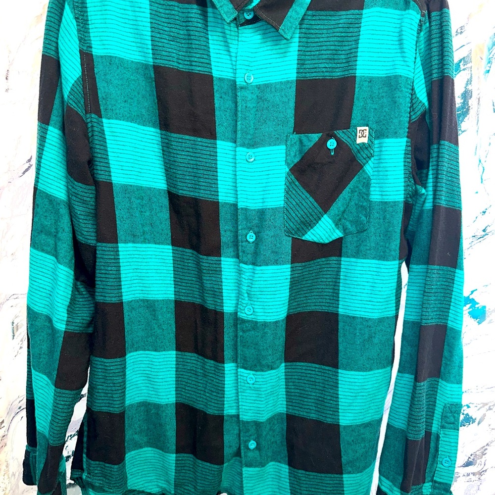 Y2K DC Men's Teal and Black Vintage Plaid Shirt Skater Aesthetic men M